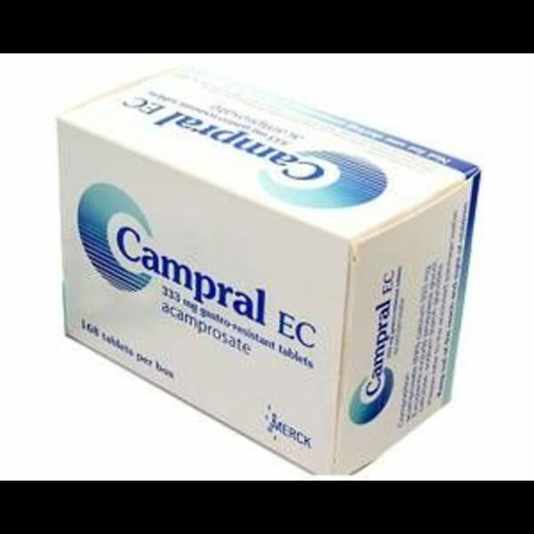 A white rectangular box labeled "Acamprosate 333mg Tablets - Campral Generic" is displayed. The box has green and white coloring with text indicating "168 Tablets." The box features pharmaceutical branding and necessary regulatory information. The tablets are intended for oral use and are packaged securely within the box.