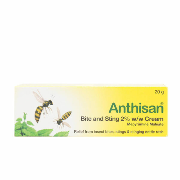 A tube of Anthisan Bite and Sting Cream, 20g, displayed against a plain white background. The tube is white with green accents, featuring the product name "Anthisan Bite and Sting Cream" prominently on the front along with "20g." The packaging also highlights its use for treating insect bites and stings, providing fast relief from itching, redness, and swelling.