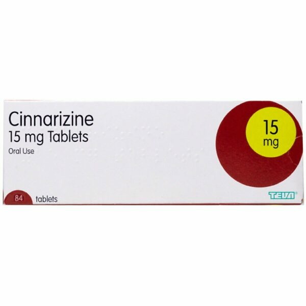 The product image shows a box of Cinnarizine Tablets 15mg, labeled as a Stugeron alternative, containing 84 tablets. The packaging is predominantly white with blue and yellow accents. The product name "Cinnarizine Tablets 15mg" is prominently displayed in bold text on the front of the box. The box also highlights key information such as the dosage (15mg) and the number of tablets (84). The design is clean and professional, indicating a reliable medication for managing motion sickness and other related conditions.