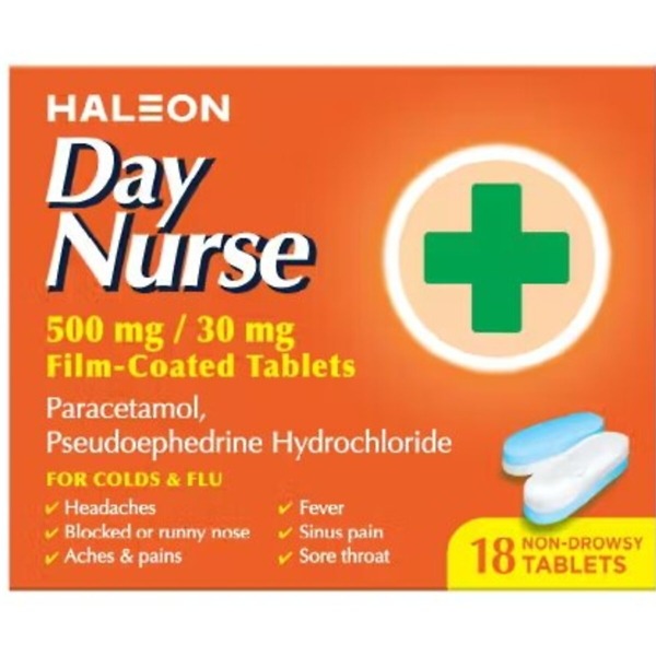 Day Nurse Tablets box, containing 18 tablets for daytime relief of cold and flu symptoms. The packaging is predominantly yellow with bold blue text displaying the product name, 'Day Nurse.' Key symptoms it treats are listed on the front, including headache, sore throat, and blocked nose. The box design includes dosage instructions and safety warnings.