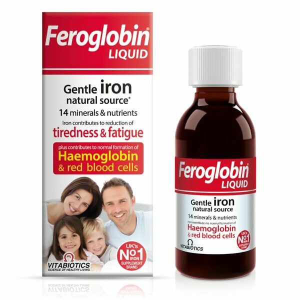 Product image of Feroglobin Liquid with Iron and Vitamin B & B12, 200ml. The bottle features a vibrant red and white label, highlighting the key ingredients: Iron, Vitamin B, and B12. The packaging emphasizes the benefits, including supporting energy levels and reducing fatigue. The bottle is sleek and easy to handle, designed for both children and adults.