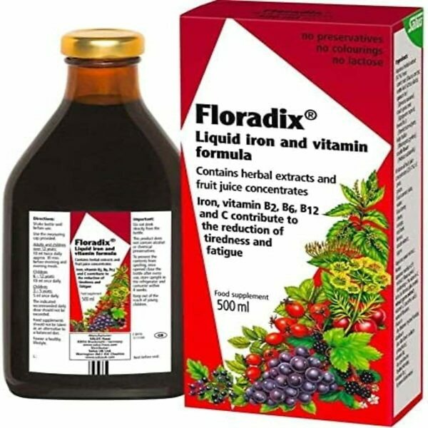 Product image of Floradix Liquid Iron and Vitamin Formula, 500ml. The bottle features a vibrant label showcasing key information about the liquid supplement, including its iron content, essential vitamins, and natural herbal extracts. The packaging highlights benefits such as boosting energy levels, supporting immune function, and being gentle on the stomach. The bottle is accompanied by a measuring cap for easy dosage