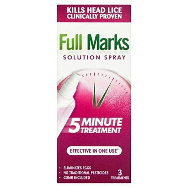 The image shows a 150ml bottle of "Full Marks Solution Spray - Head Lice Treatment." The bottle is white with a green label featuring the product name prominently in bold, uppercase letters. The label also includes an image of a louse and mentions the pack size of 150ml. The bottle is equipped with a spray nozzle for easy application. The overall design is clean and professional, emphasizing its effectiveness in treating head lice.