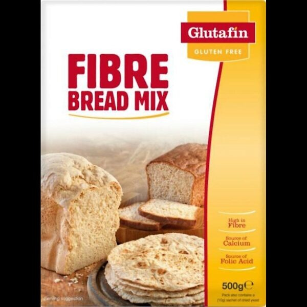 Package of Glutafin Gluten Free Fibre Bread Mix weighing 500 grams. The packaging is designed with blue and white colors and clearly displays the product name and the gluten-free label. Visible on the front is an image of a freshly baked loaf of bread, suggesting the type of bread that can be made with the mix