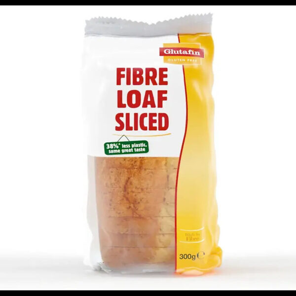 Package of Glutafin Gluten Free Fibre Loaf Sliced Bread, weighing 300 grams. The clear packaging showcases the evenly sliced bread inside, emphasizing its soft texture and golden crust. The label highlights the product as gluten-free and high in fiber, suitable for those on a gluten-free diet