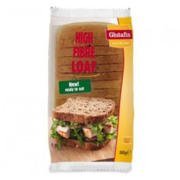 Package of Glutafin Gluten Free Hi Fibre Loaf Sliced Bread, 300 grams. The clear plastic wrapper allows visibility of the bread’s dense texture and golden crust. The label prominently states 'High Fibre' and 'Gluten Free,' highlighting the bread’s dietary benefits, suitable for those following a gluten-free diet