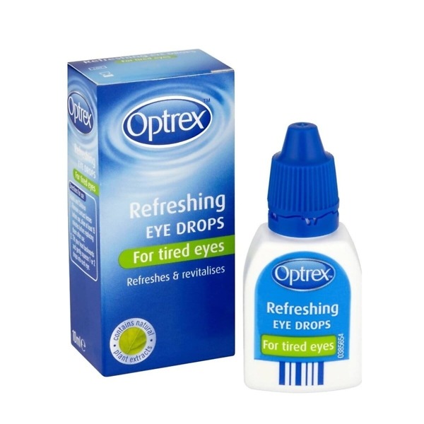 Image of Optrex Refreshing Eye Drops, 10ml bottle. The product is designed to soothe and refresh tired, dry eyes, providing instant relief and hydration. The packaging features the Optrex branding and key product details.