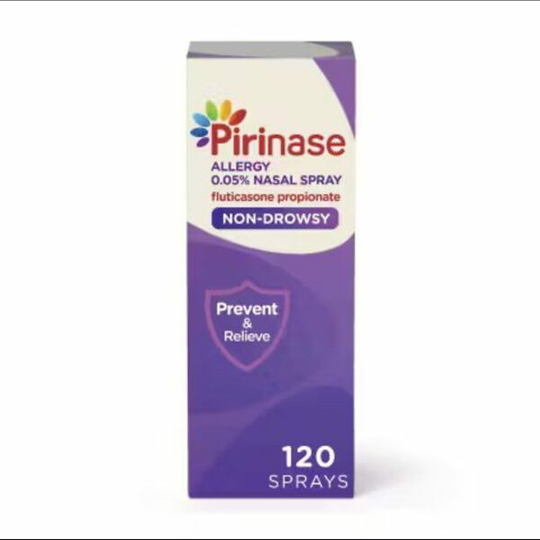 The product image shows a box and bottle of Pirinase Allergy Spray - Fluticasone Nasal Spray, designed for 120 sprays. The packaging is primarily white with green and blue accents. The box features the product name prominently, along with key details about its use for allergy relief. The bottle inside is white with a blue cap, designed for easy and precise application. The overall design is clean and professional, indicating a reliable product for managing hayfever and allergy symptoms.