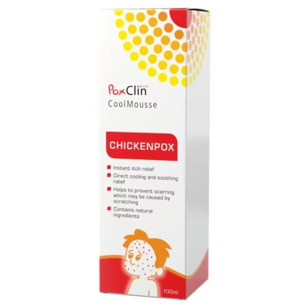 Image of PoxClin CoolMousse - Chickenpox Treatment for Children, 100ml. The product provides soothing relief from itching and irritation caused by chickenpox, formulated as a gentle mousse for easy application on children's skin