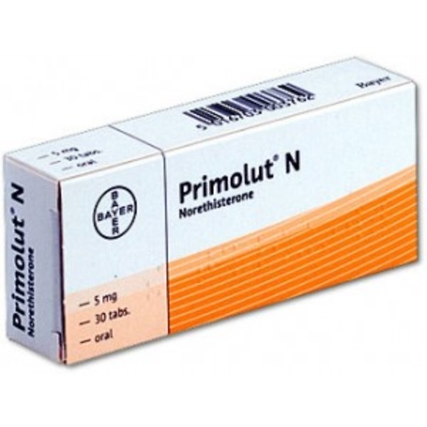 Image of Primolut-N Tablets 5mg box, containing 30 tablets of Norethisterone 5mg. The packaging displays the product name, dosage, and quantity, with clear labeling and branding. The box is designed in white and blue, indicating its use for menstrual cycle control, heavy bleeding, and endometriosis relief.