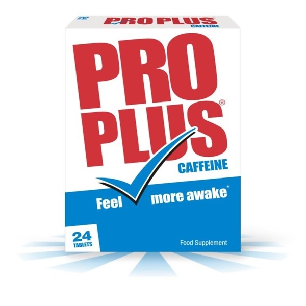 Image of Pro Plus Caffeine Tablets, 24 Tablets pack. The packaging is white with bold red and blue text, featuring the Pro Plus logo prominently. The pack contains 24 tablets, designed to provide a quick energy boost and mental alertness, ideal for combating tiredness and fatigue