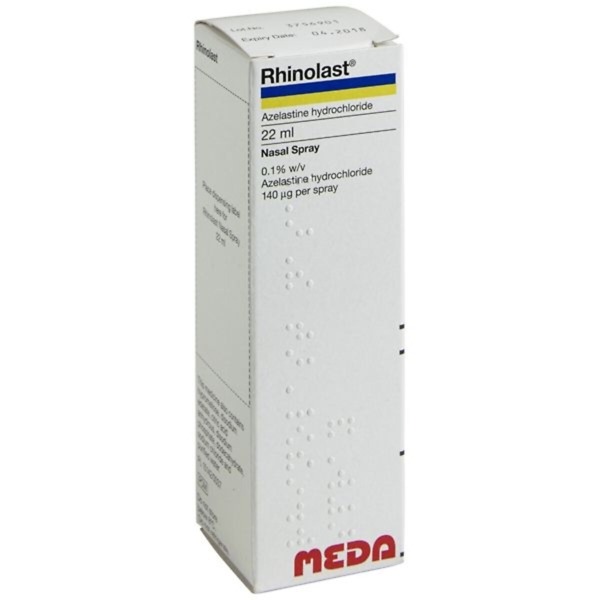 Image of Rhinolast Nasal Spray - Azelastine 0.1% Nasal Spray, 22ml bottle. The spray has a white plastic body with a transparent cap and a nozzle for easy application. The label on the bottle displays the brand name 'Rhinolast' in bold letters, along with product details, including 'Azelastine 0.1%' and '22ml'. The packaging indicates that it is a nasal spray intended for allergy relief. The bottle is designed for convenient and precise nasal application.