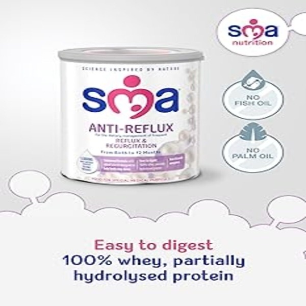 Image of SMA Anti Reflux Baby Milk From Birth, 900g tin. The product is specially formulated to reduce reflux in infants, offering gentle and effective nutrition from birth. The tin features the SMA Anti Reflux branding and key product information, with a secure lid for freshness.