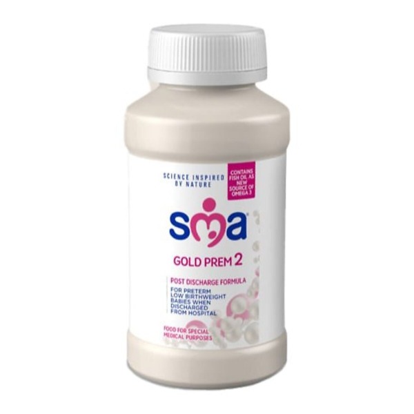 Image of SMA Gold Prem 2 Liquid Formula Milk, 200ml bottle. The product is designed for premature and low birth weight babies, offering essential nutrition in a convenient ready-to-use liquid format. The label features the SMA Gold branding and product information, with a secure, easy-to-open cap