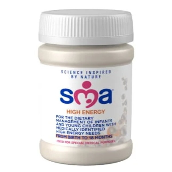 Image of SMA High Energy Ready To Use Formula Milk, 200ml bottle. Designed for infants from birth to 18 months, this high-calorie formula supports growth and development in babies requiring extra energy. The bottle features the SMA High Energy branding and product information, with a secure, easy-to-use cap