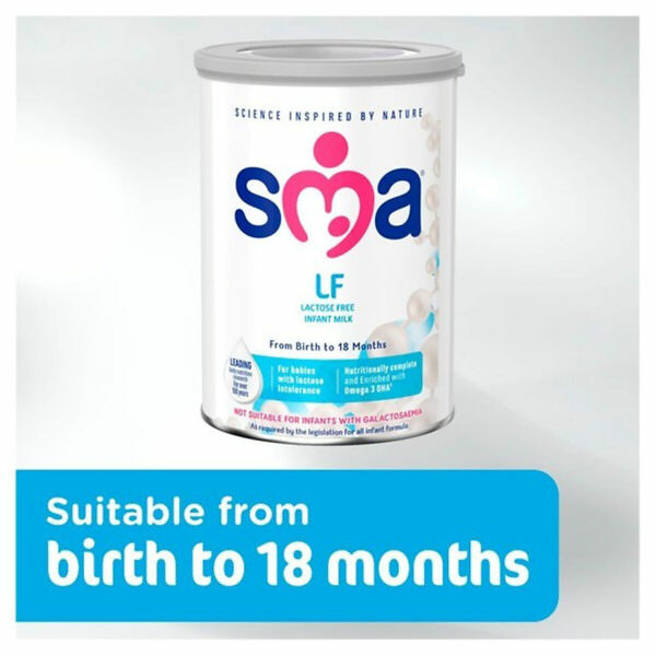 A can of SMA LF Lactose Free Infant Milk Formula from Birth, 400g. The can features a white and light blue design with the product name prominently displayed. The label highlights that the formula is lactose-free, suitable for infants from birth, and provides essential nutrients for healthy growth and development. The lid is secure, ensuring the product's freshness and safety.