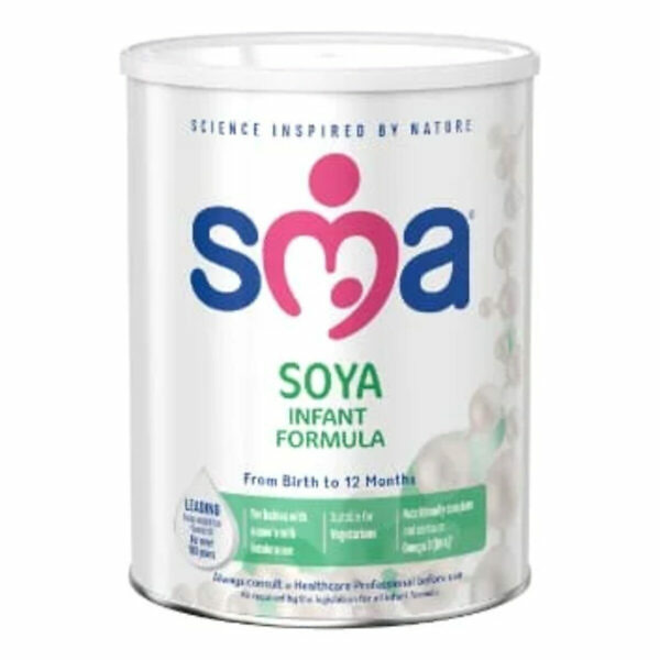 A can of SMA Wysoy Soya Infant Formula from Birth, 800g. The can is labeled with the product name and features a graphic of a baby. The design is predominantly white with green accents. The can also includes key information about the product's benefits, such as being a dairy-free and nutritionally balanced soy-based formula for infants. The lid is secure, indicating freshness and safety.