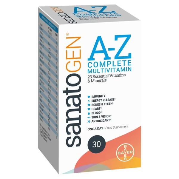 Image of Sanatogen A-Z Complete Multivitamins, 30 Tablets box. The product provides essential vitamins and minerals for overall health and well-being, supporting energy, immunity, and vitality in adults