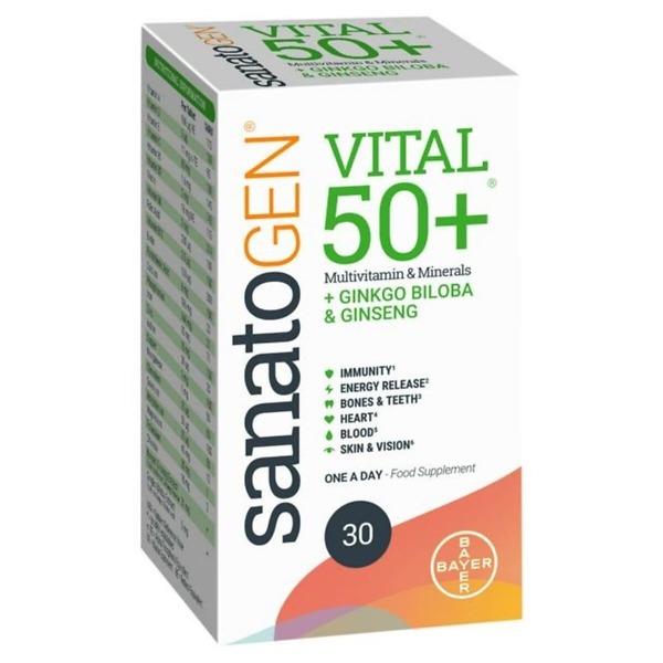 Image of Sanatogen Vital 50+ Multivitamin, 30 Tablets box. The product is designed to provide essential vitamins and minerals for adults aged 50 and over, supporting energy, heart health, brain function, and immune system strength