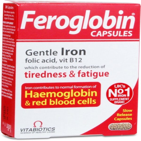 Product image of Vitabiotics Feroglobin Capsules - Iron Supplement, 30 Capsules. The packaging features a red and white box with the Vitabiotics logo and highlights the key benefits, such as sustained energy release, immune system support, and gentle on the stomach. The box displays the number of capsules and the essential nutrients included, such as iron, zinc, and B vitamins