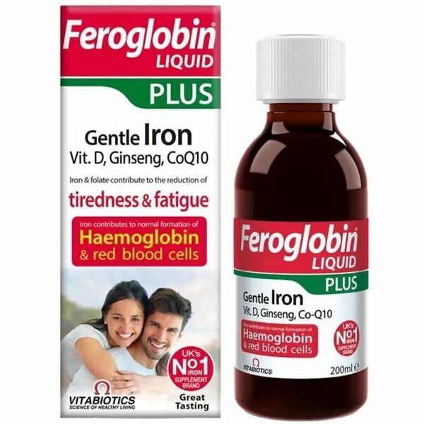 Product image of Vitabiotics Feroglobin Plus Liquid - Advanced Iron Formula, 200ml. The bottle features a vibrant red and white label with the Vitabiotics logo and product details. Highlights include advanced iron formula, support for energy levels, and enhanced with vitamins and minerals. The packaging emphasizes the liquid's benefits for reducing fatigue and supporting overall health