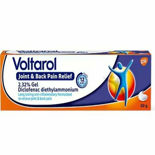 Image of a 50g tube of Voltarol Joint & Back Pain Relief Gel 2.32%, with packaging that highlights its use for joint and back pain relief.