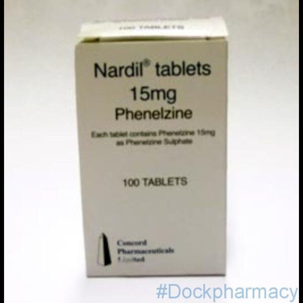 Image of a bottle of Nardil 15mg tablets. The label on the white plastic bottle shows the product name "Nardil 15mg Tablets" and the active ingredient "Phenelzine 15mg". Below this, the quantity is stated as "100 Tablets". The bottle has a child-resistant cap and a safety seal. The background is neutral to emphasize the product.