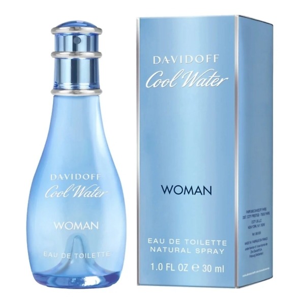 A 30ml bottle of DAVIDOFF Cool Water Woman Eau de Toilette Spray, featuring a sleek, aqua-blue design that reflects the fresh and aquatic fragrance. The bottle exudes elegance and captures the essence of a refreshing and feminine scent.