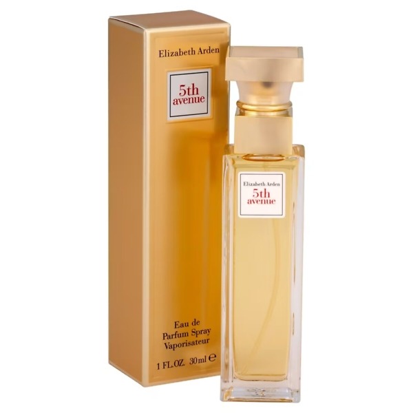 A 30ml bottle of Elizabeth Arden Fifth Avenue Eau de Parfum Spray, featuring a sleek and elegant rectangular design with a gold cap. The bottle reflects the sophisticated and timeless floral fragrance, perfect for confident and stylish women.