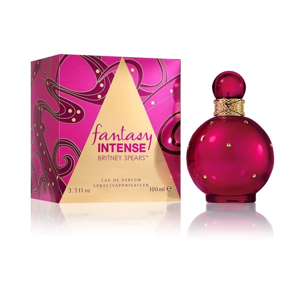 A 100ml bottle of Britney Spears Fantasy Eau de Parfum, featuring a vibrant pink design adorned with sparkling crystal accents. The playful and bold bottle reflects the sweet and fruity fragrance, perfect for confident and fun-loving women.