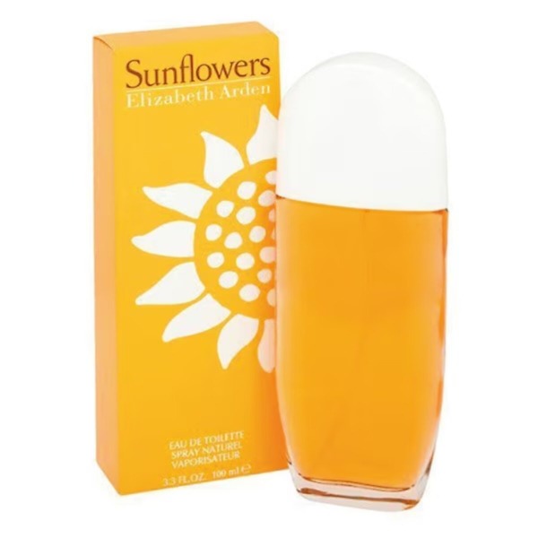 A 100ml bottle of Elizabeth Arden Sunflowers Eau de Toilette Spray, featuring a bright and cheerful yellow design with a sunflower motif. The bottle reflects the fresh, fruity, and floral fragrance, perfect for vibrant and joyful women.