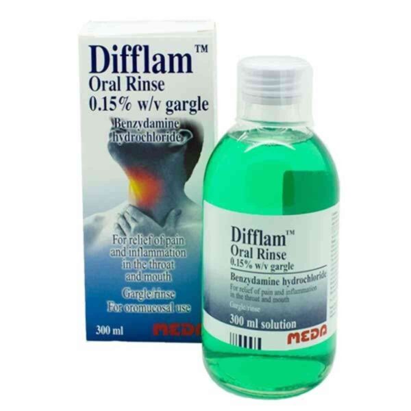 A 300ml bottle of Difflam Oral Rinse - Benzydamine Mouthwash, featuring a green and white label design. The bottle provides soothing relief for sore throats, mouth ulcers, and oral pain with its anti-inflammatory and analgesic properties.