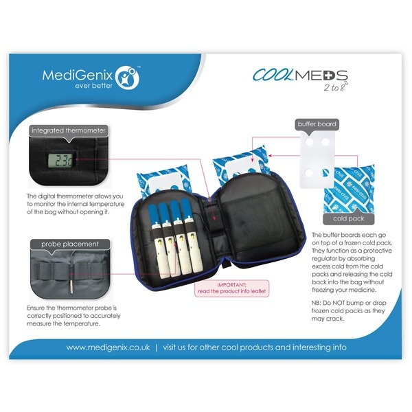 MediGenix CoolMeds Classic Case Medicine & Insulin Travel Case, designed for temperature-sensitive medication storage at 2-8°C. Compact, portable travel case with durable insulation, featuring a sleek design in blue and black. The case includes compartments for ice packs and medication, ensuring up to 24 hours of cooling protection for insulin, vaccines, and other essential medications. Ideal for travel or daily use