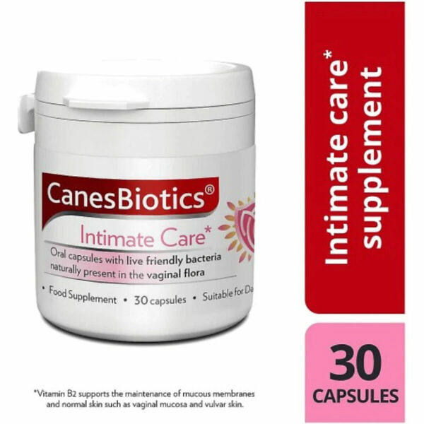 A box of CanesBiotics Intimate Care Capsules containing 30 capsules. The packaging is predominantly white with pink accents and features the product name "CanesBiotics Intimate Care Capsules" prominently on the front. The box also highlights key benefits such as promoting vaginal health and balancing natural flora. The image shows the front and side of the box, giving a clear view of the branding and product information.