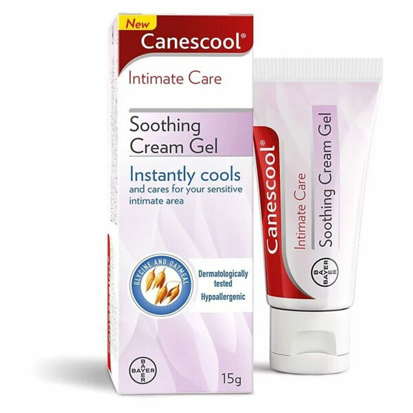 The product image displays a 15g tube of Canescool Soothing Cream Gel - Intimate Care. The tube is white with blue accents, featuring the product name prominently in blue text. The packaging highlights its purpose for intimate care and soothing relief, with additional details about its cooling and calming effects. The tube has a convenient screw cap for easy application. The design is clean and professional, indicating a high-quality product for intimate health and comfort.