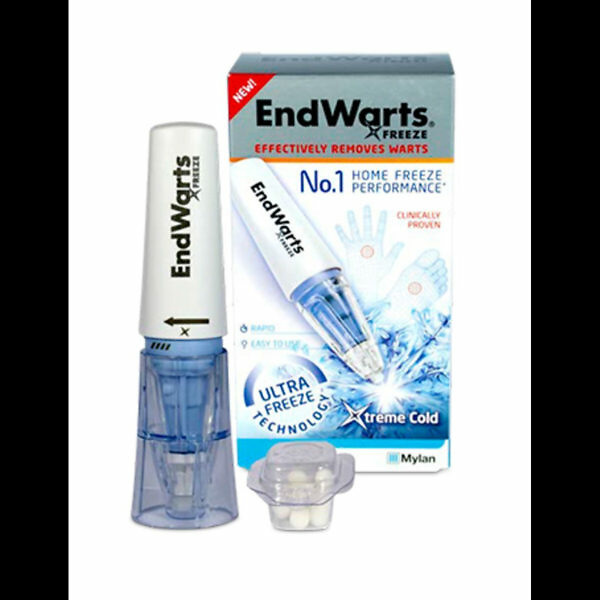 The product image shows a box of EndWarts Freeze Wart and Verruca Treatment, containing a 3ml applicator. The packaging is predominantly white with blue and yellow accents. The front of the box features the product name, "EndWarts Freeze," in bold letters, and an image of the applicator. The applicator is designed for easy and precise application, suitable for home use. The box also highlights key product information, such as the 3ml volume and its effectiveness in treating warts and verrucas. The overall design is clean and professional, indicating a reliable medical product.