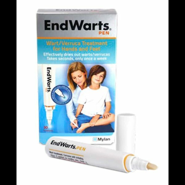 The product image shows the EndWarts Pen Wart and Verruca Treatment, a 3ml applicator pen designed for easy and precise treatment of warts and verrucas. The pen is sleek and white with a clear cap, and the packaging is a compact box featuring the product name and key details. The box is predominantly white with blue and green accents, highlighting the product's purpose and effectiveness. The overall design is clean and professional, indicating a reliable and user-friendly medical product.