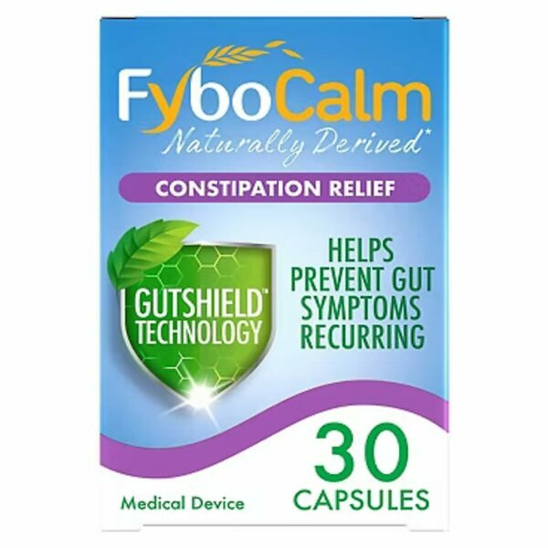 Image of a package of Fybocalm Constipation Relief Capsules, containing 30 capsules. The package highlights the product's effectiveness in providing relief from constipation.