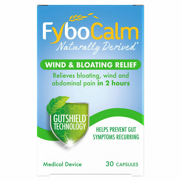 Image of a package of Fybocalm Wind & Bloating Relief Capsules, containing 30 capsules. The packaging is clearly labeled and emphasizes relief from wind and bloating