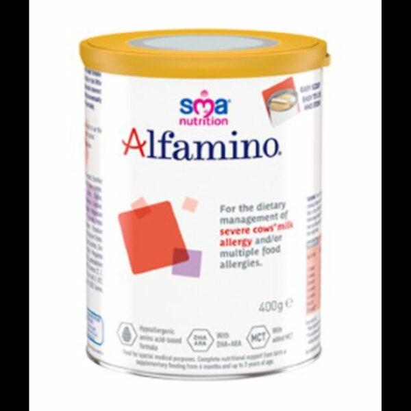 A can of SMA Alfamino Hypoallergenic Infant Formula. The can features a clean design with white and light blue colors, prominently displaying the product name. The label indicates that the formula is hypoallergenic, suitable for infants with severe food allergies and intolerances. It also highlights that the product provides essential nutrients for healthy growth and development. The lid is secure, ensuring freshness and safety.