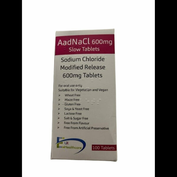 A white bottle labeled "AANACL 600mg - Slow Sodium Chloride Tablets, 100 Tablets" with a blue and green design, containing 100 tablets of slow-release sodium chloride. The bottle is shown on a white background, clearly displaying the product name and dosage information.