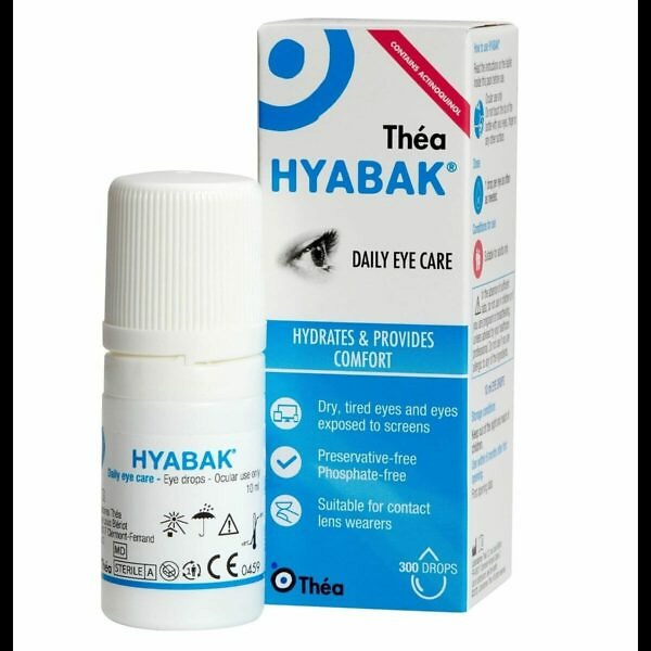 Image of a small white and blue box labeled "Hyabak Eye Drops." The text on the box reads "Hyabak 0.15% Sodium Hyaluronate Eye Drops, 10ml." The box features a stylized eye graphic and includes product information indicating it is preservative-free and suitable for dry eyes. The background is plain, highlighting the product.