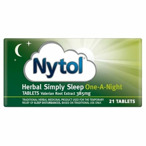 The product image shows a box of Nytol Herbal One at Night - Valerian Tablets, containing 21 tablets. The packaging is predominantly green with blue accents and features the product name prominently in white text. The box highlights key benefits such as promoting restful sleep and being a natural, herbal remedy. An image of valerian plants is also included on the front, indicating the main ingredient. The overall design is clean and professional, suggesting a high-quality herbal sleep aid.