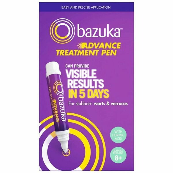 Product image of Bazuka Advance Treatment Pen, 3ml. The pen is designed for the effective treatment of warts, verrucas, corns, and calluses. The sleek, blue and white pen-like applicator provides precise and easy application, ensuring targeted treatment directly to the affected area. The packaging highlights the key features and benefits, including fast-acting formula and ease of use.