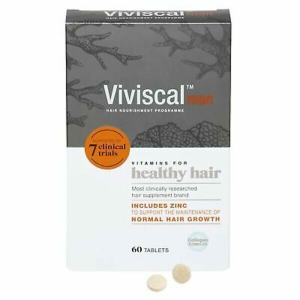 Product image of Viviscal Maximum Strength Men's Supplements, 60 Tablets. The packaging features a sleek design with bold lettering, indicating it is specifically formulated for men. The box displays key benefits, such as promoting hair growth and thickness, and includes a clear image of the 60 tablets contained within