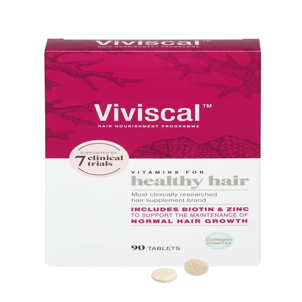 Product image of Viviscal Maximum Strength Women's Supplements, 60 Tablets. The bottle features a sleek design with a white and pink label, highlighting the product name and key benefits. The packaging emphasizes its clinically proven formula to nourish thinning hair, promote hair growth, and support overall hair health for women