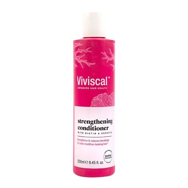 Product image of Viviscal Strengthening Hair Conditioner, 250ml. The bottle features a sleek design with a white and pink label, highlighting the product name and benefits. The packaging emphasizes its effectiveness in strengthening and nourishing hair, promoting thicker and healthier hair growth. The bottle is clearly labeled with the Viviscal branding and the 250ml size