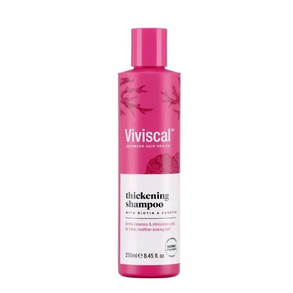 Product image of Viviscal Thickening Shampoo, 250ml. The bottle features a sleek design with a white and pink label, highlighting the product name and benefits. The packaging emphasizes its effectiveness in thickening and nourishing hair, promoting fuller and healthier hair growth. The bottle is clearly labeled with the Viviscal branding and the 250ml size