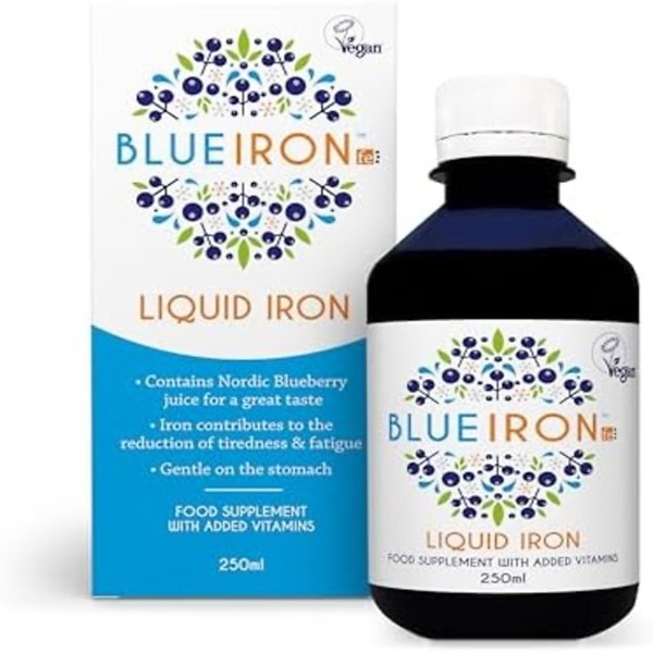 Image of Blue Iron Liquid Iron, 250ml bottle. The product features a sleek, blue-colored bottle with a clear label displaying the Blue Iron brand name and product details. The liquid iron supplement is designed to support energy levels and reduce tiredness, ideal for those needing an iron boost. The bottle is shown standing upright against a plain background