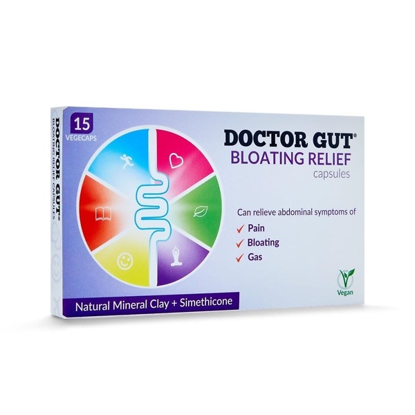 Image of Doctor Gut Bloating Relief Capsules, 30 Caps box. The product is designed to provide relief from bloating and digestive discomfort, with the packaging displaying the Doctor Gut branding and key product information